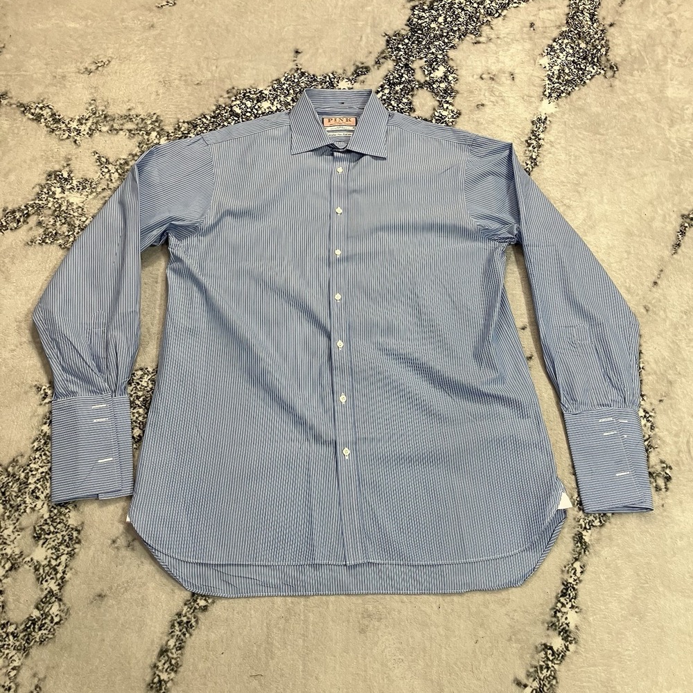 Thomas Pink Superfine Two Fold 200s Stripe Dress Shirt Blue Sz 16.5 35 Made UK